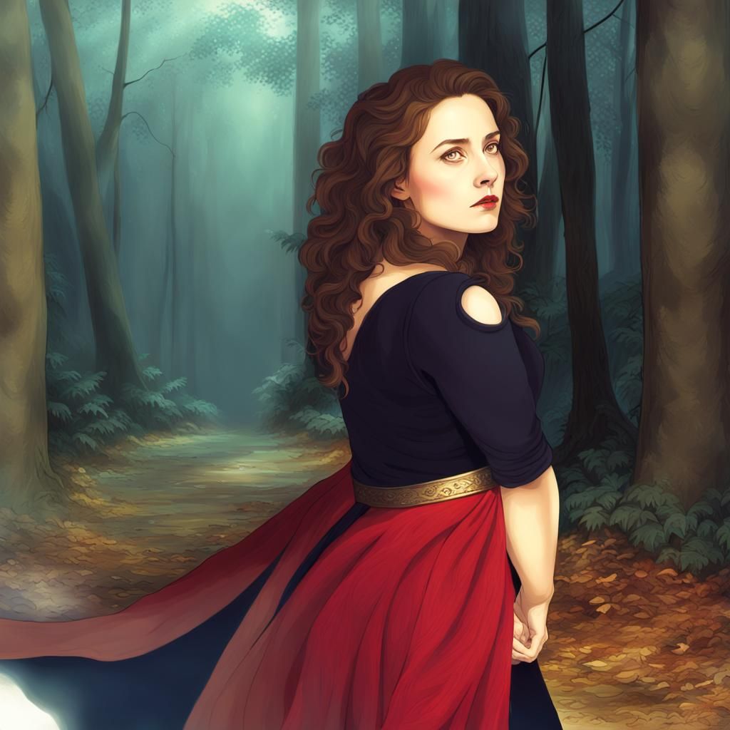 Mystical Forest: Woman with Sword in Oil Painting