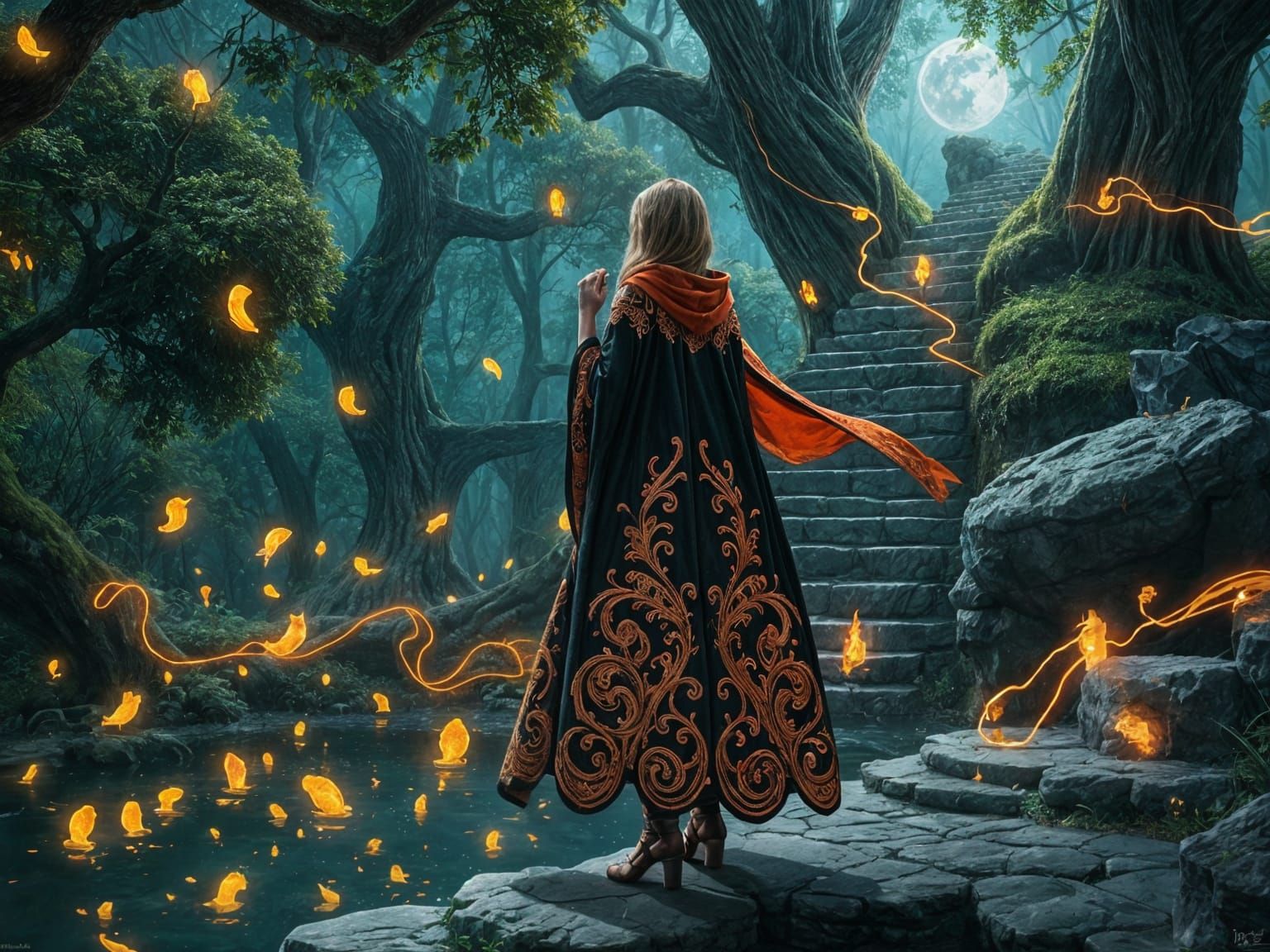 Female Wizard in Mystical Forest at Night