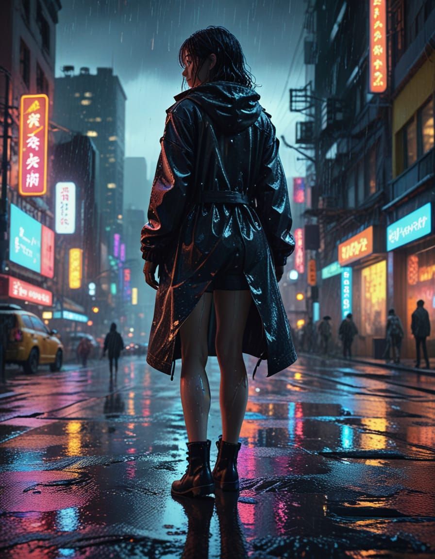 Cinematic Anime Person in Rainy Cityscape