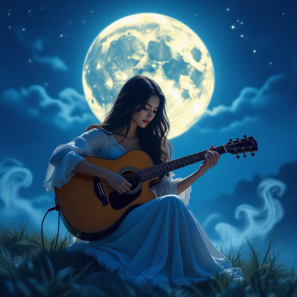 Woman Playing Guitar Under Luminous Full Moon