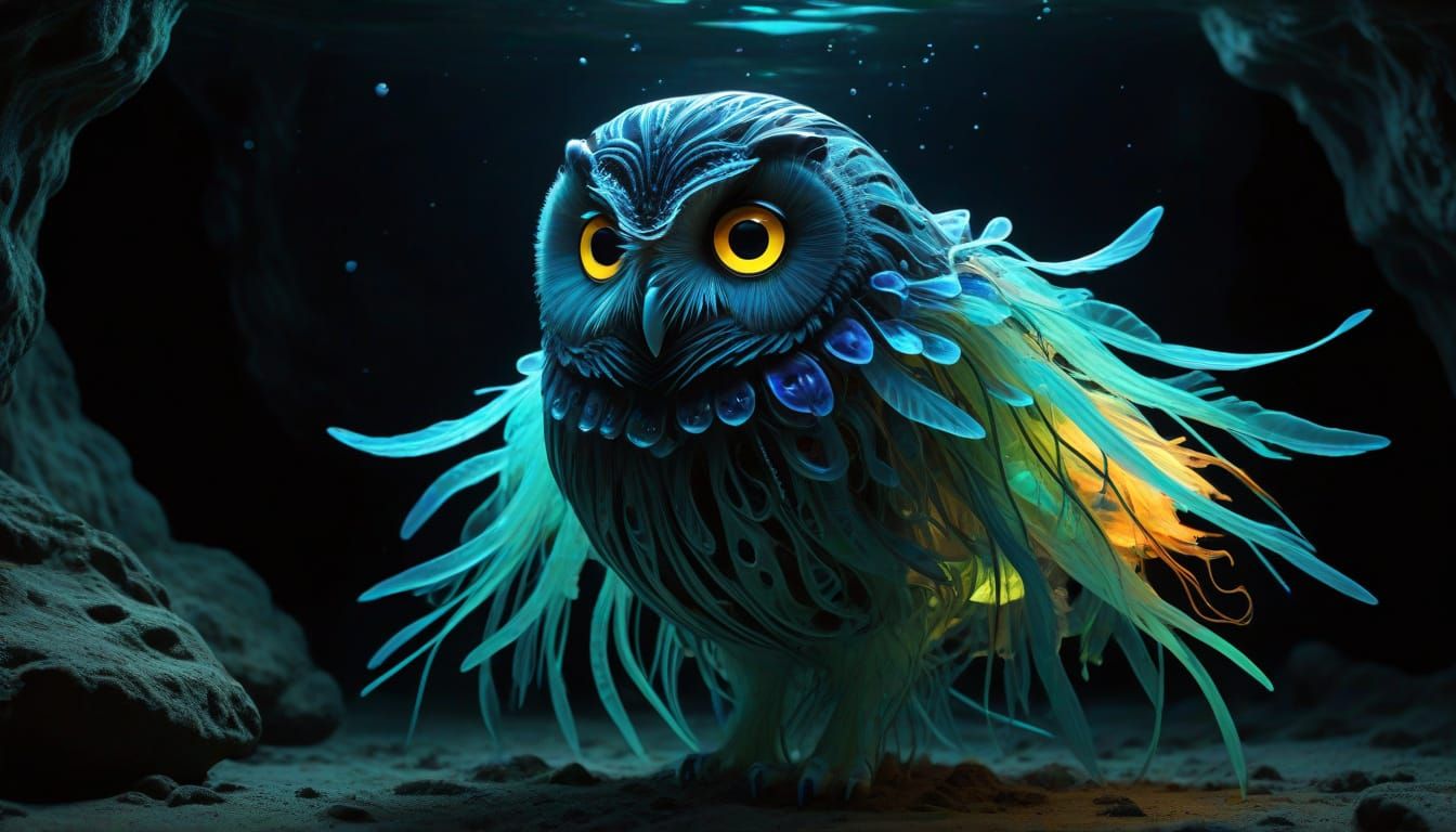 Glowing Bioluminescent Creature Emerges from Dark Cave