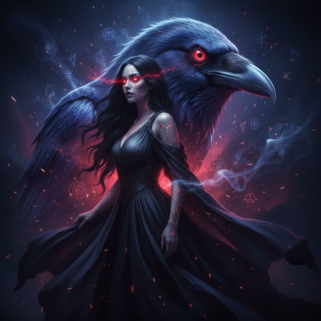 Mysterious Woman and Raven Double Exposure Portrait