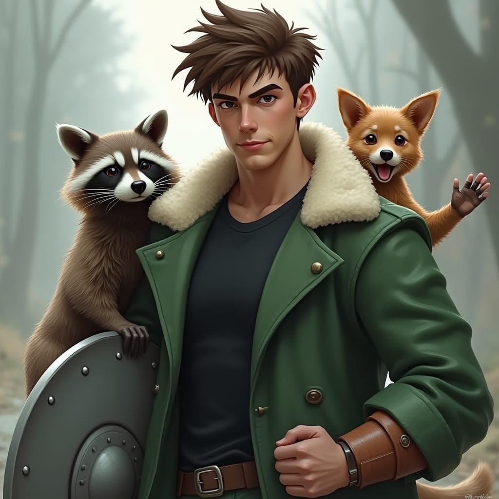 Man with Shield, Raccoon and Dog, Digital Art