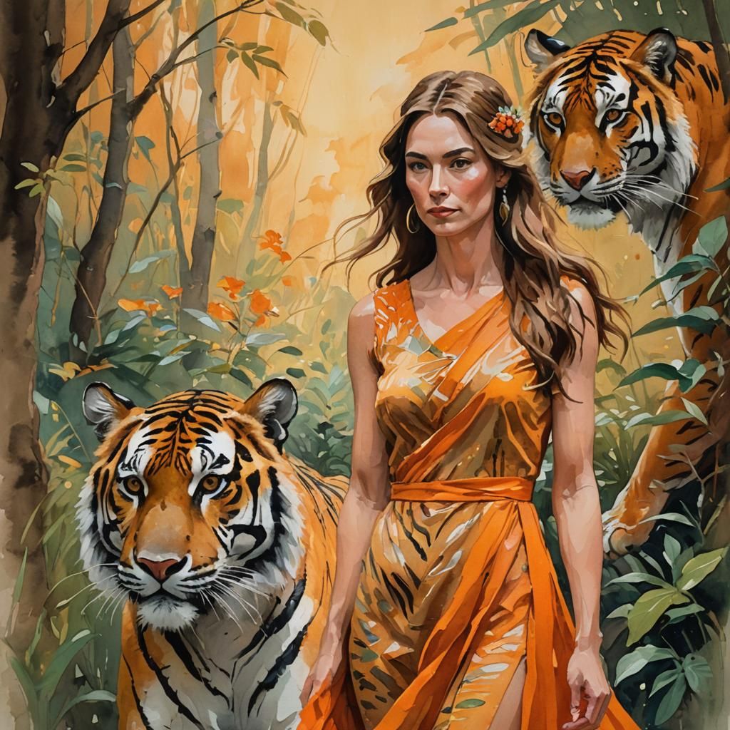 Elven Woman and Tiger in Impressionist Gouache Style