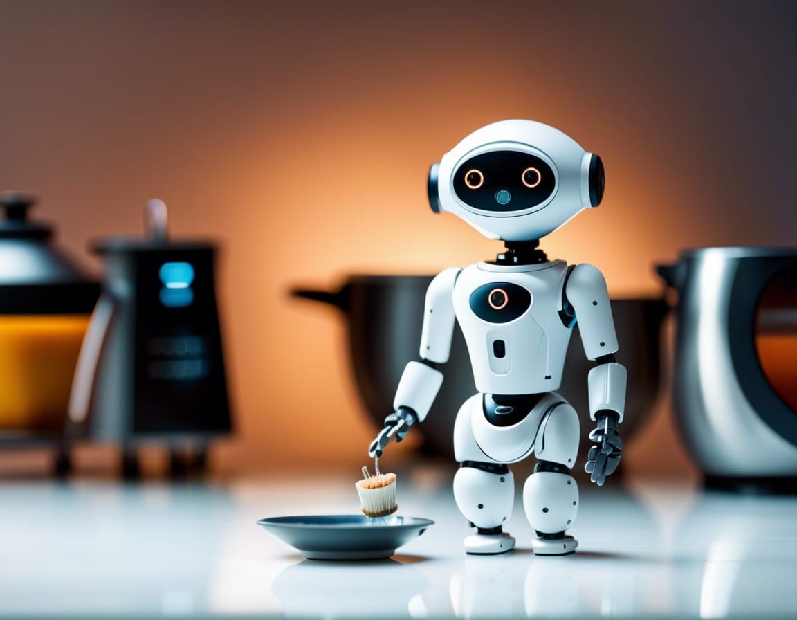 Futuristic Kitchen Scene with Cute Household Robots