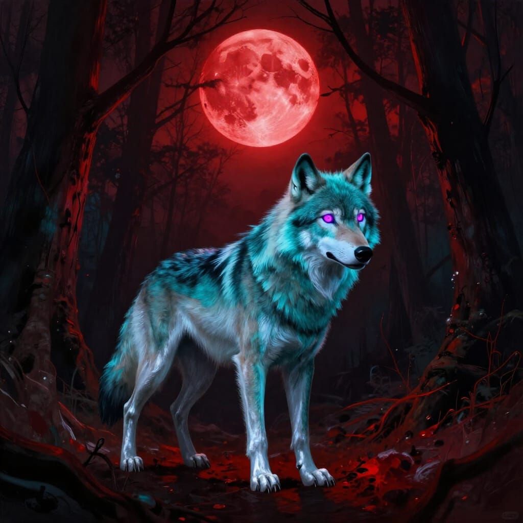 Neon Wolf in Bloody Forest Under Blood Moon