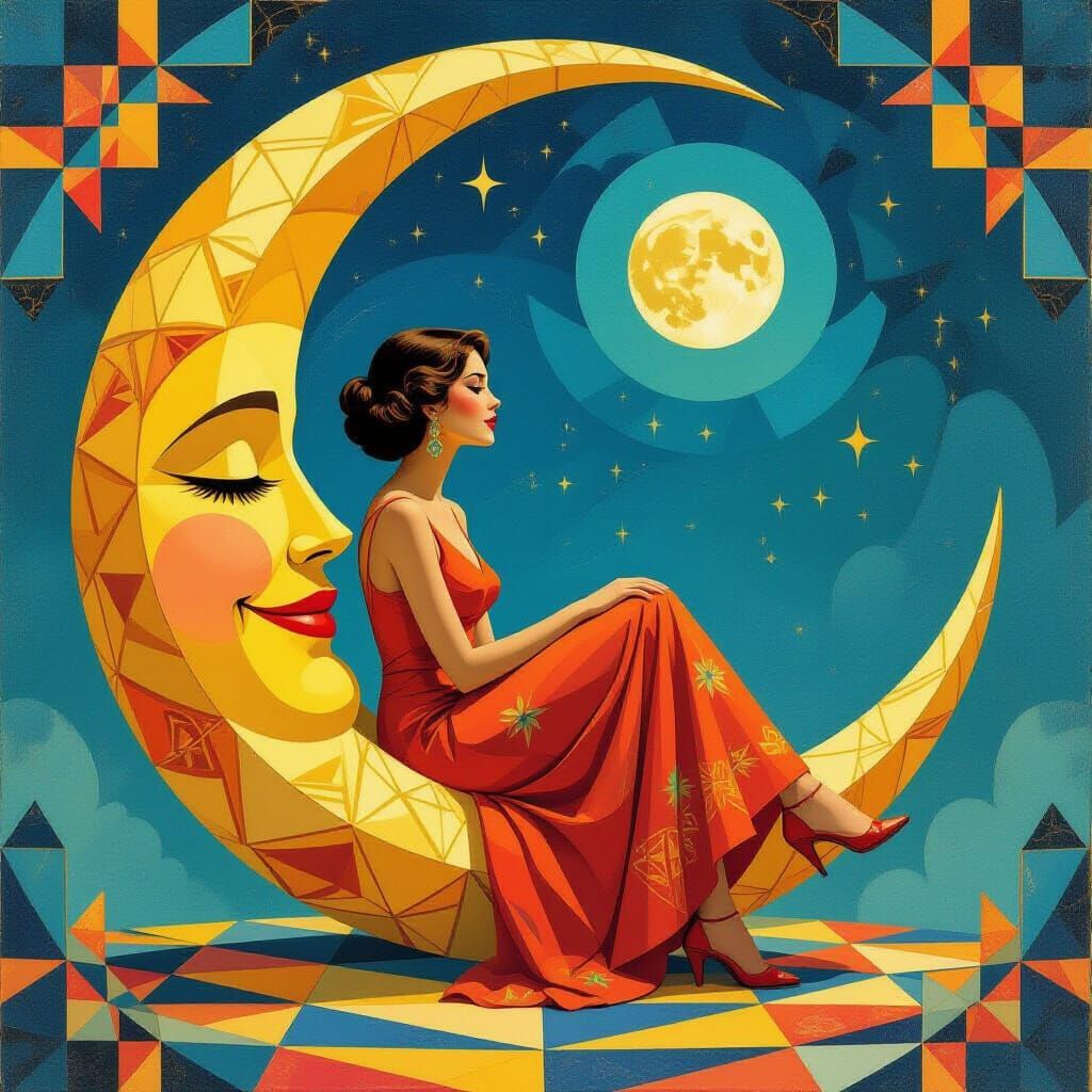 Woman in Smiling Moon: Oil Painting with Geometric Art