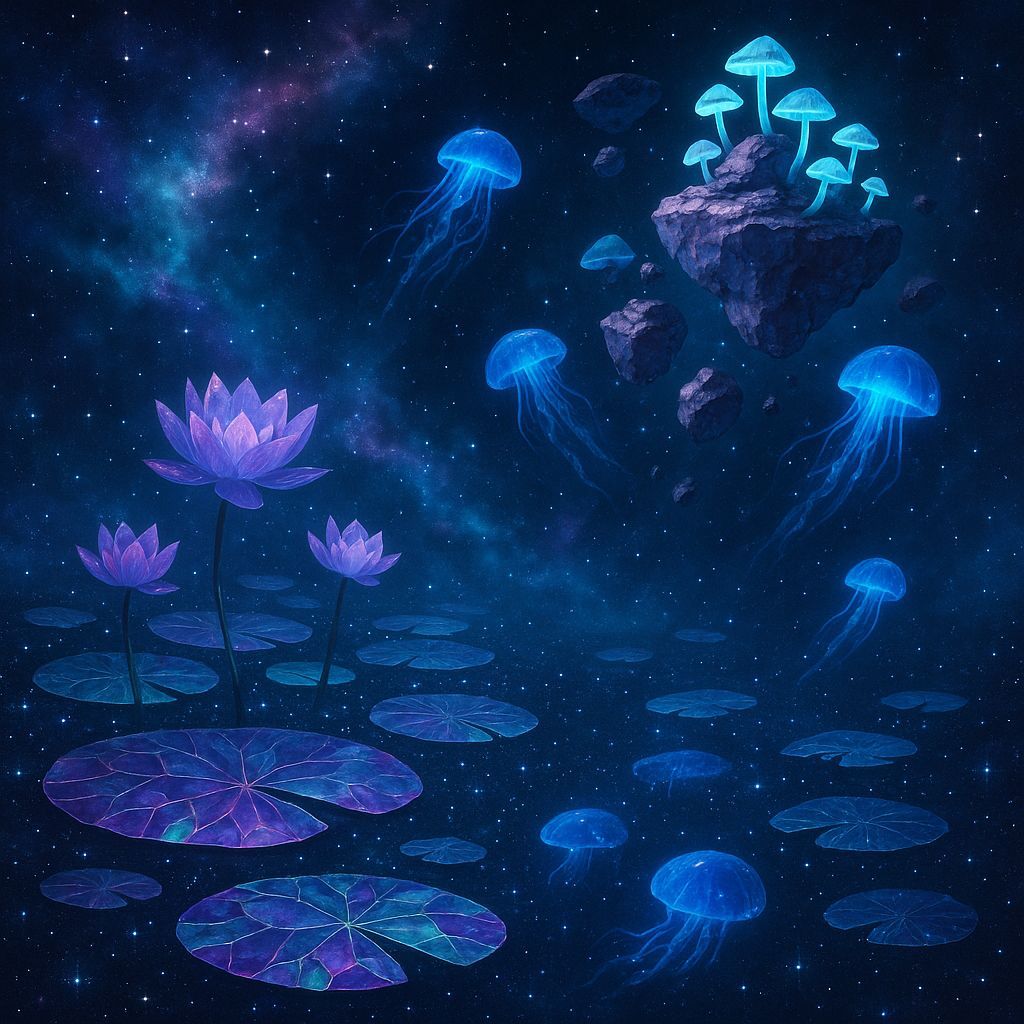 Bioluminescent Alien Seascape with Floating Flora