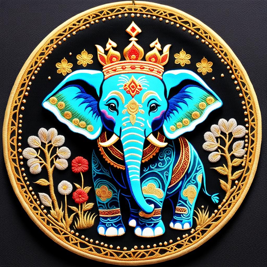 Crowned Elephant Blessing with Embroidered Folk Style