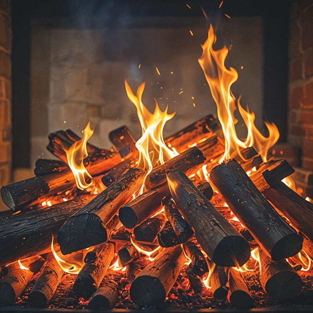 Romantic Fireplace Flames in Golden Hour Lighting