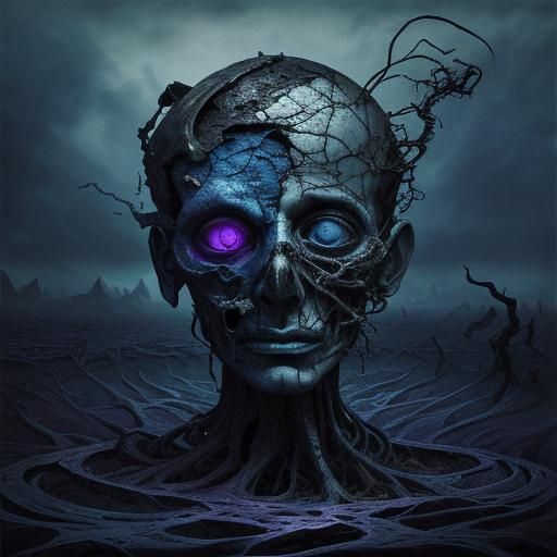 Surreal Fractured Self in Eerie Mindscape as Oil Painting