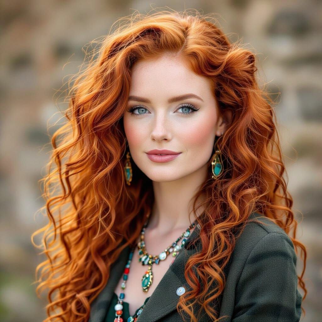 Beautiful Scotland Woman with Long Red Curly Hair