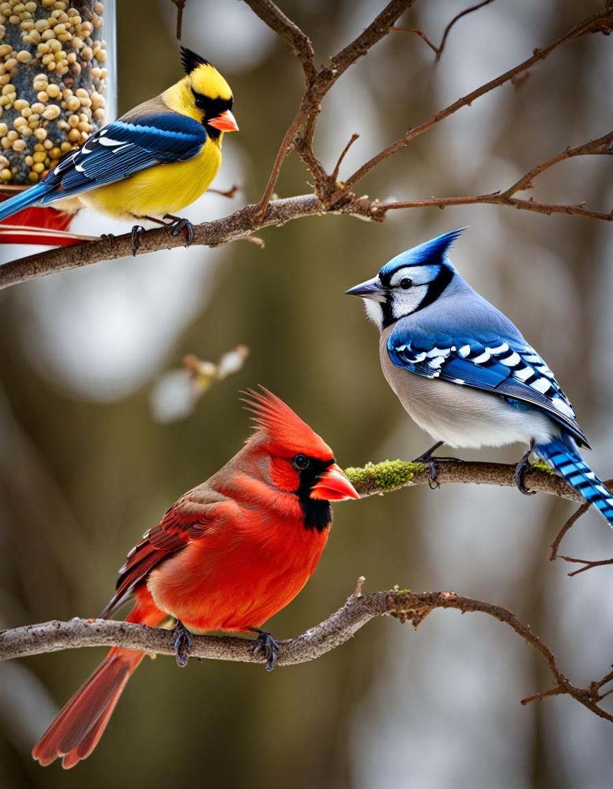 Colorful Birds at Birdfeeder in Fairycore Style