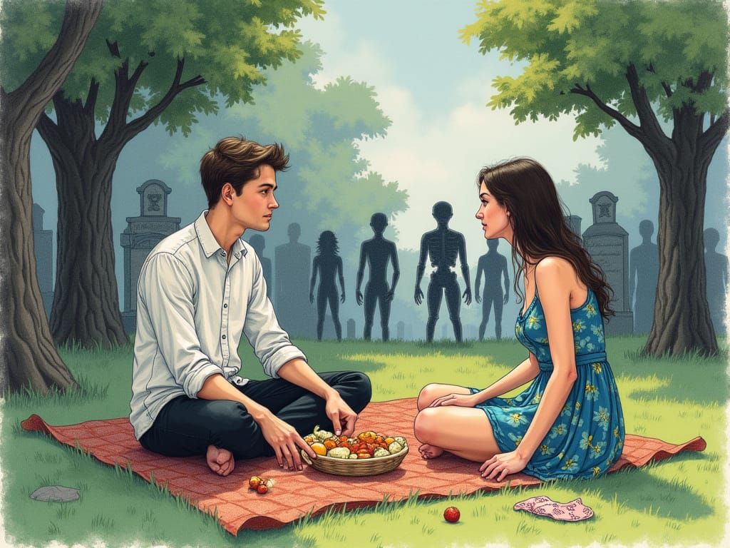 Couple's Cemetery Picnic in Colored-Pencil Style