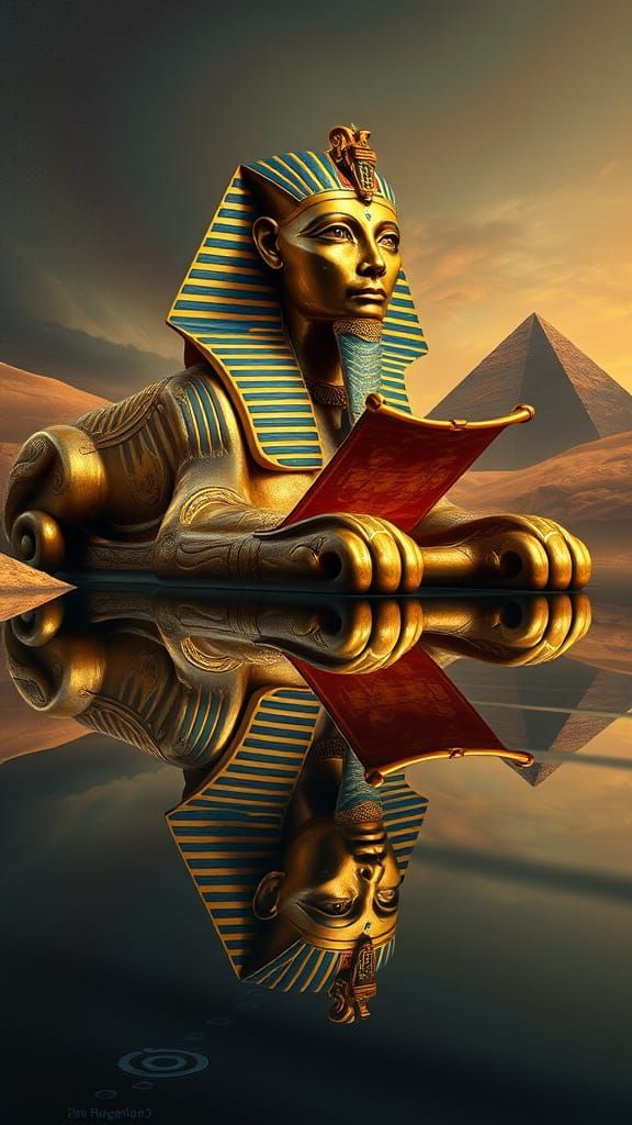 Male Sphinx with a Scroll reflection in a Mirroring Lake Moe...