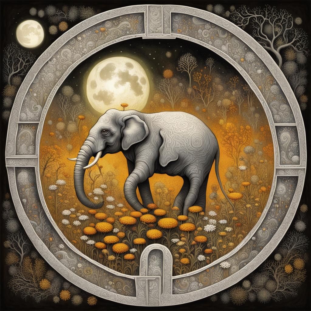 Ouroboros Elephant in Winter Maze, Neo-Primitivism Style