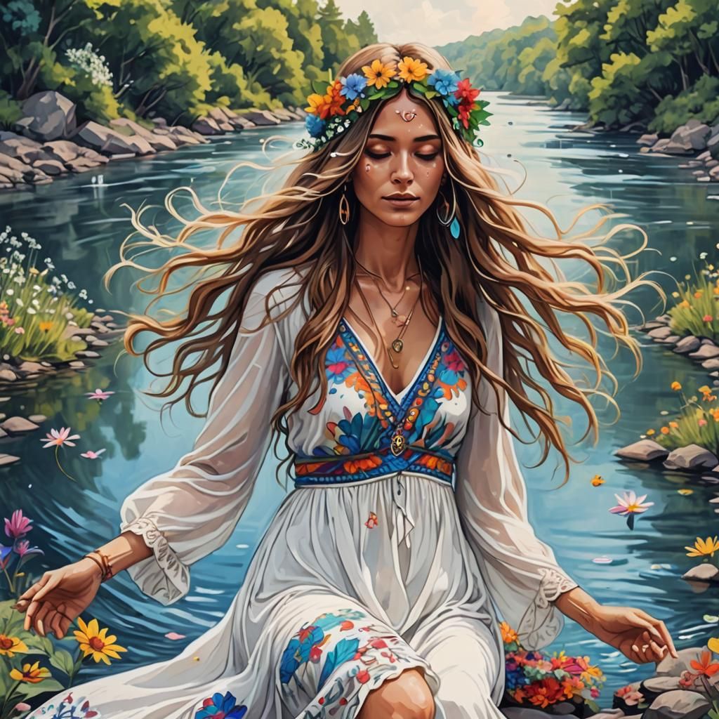 Trippy Hippie Woman with Flowers Sketch