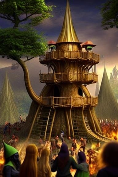 Golden Treehouse in Elven Slums with Angry Crowd