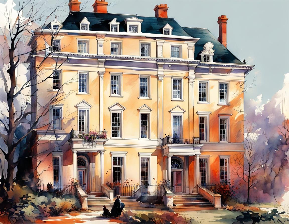 Georgian Manor in Watercolor Style