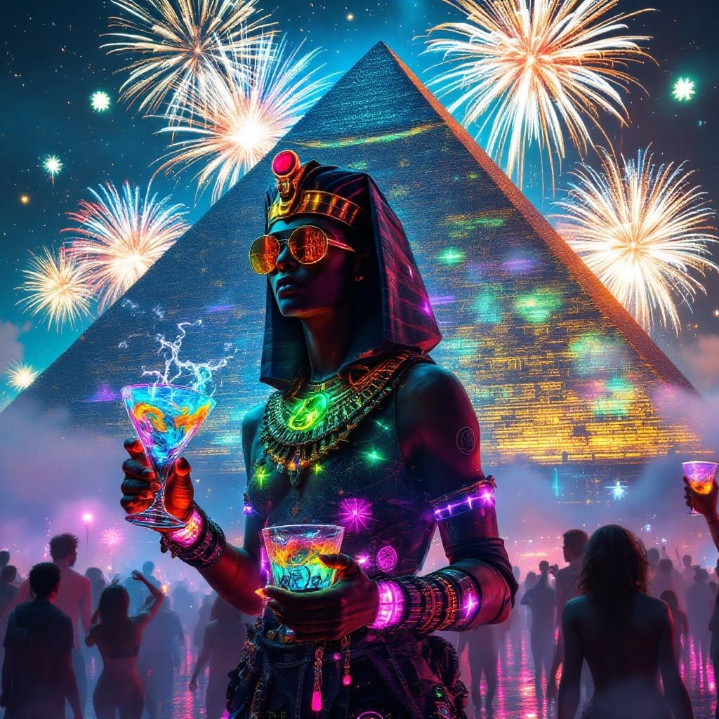 Cyberpunk Anubis Levitates Ancient Pyramids Amidst Rave Part...