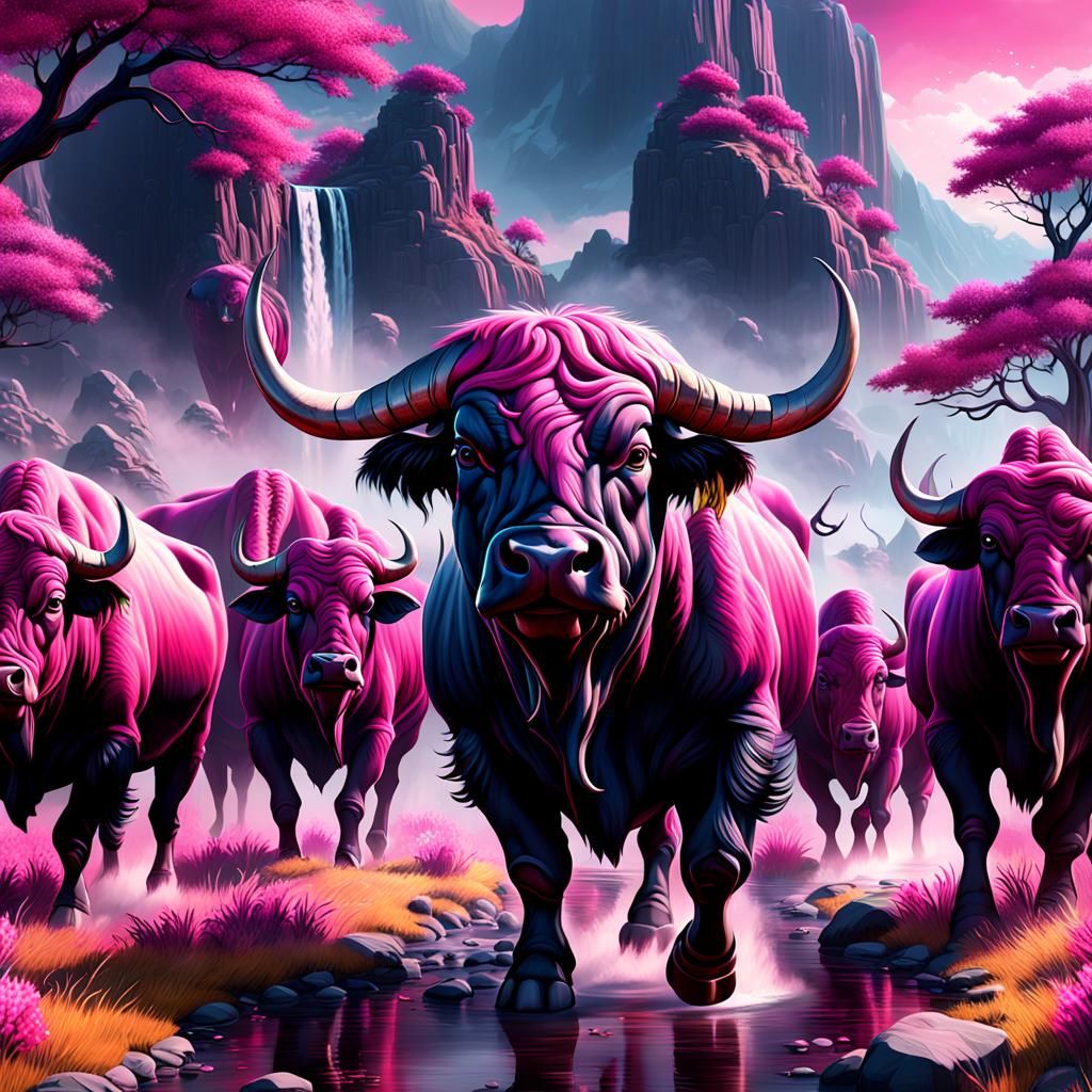 Pink Buffaloes in Detailed Matte Painting