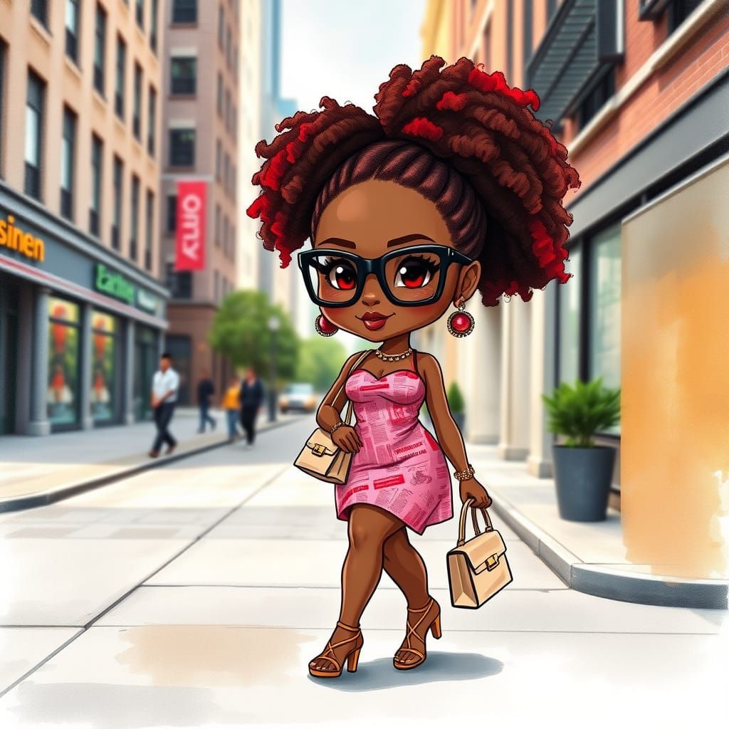 Chibi Woman with Afro-Ponytail in Watercolor Style