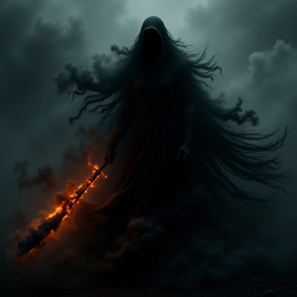 Shadow Goddess Appears From Mist With Fire Sword
