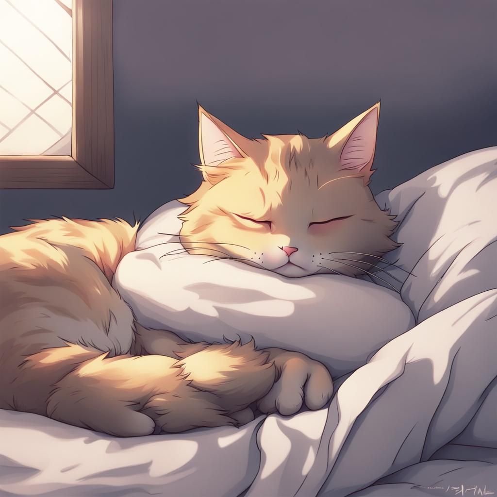 Sleeping Cat in Anime Style