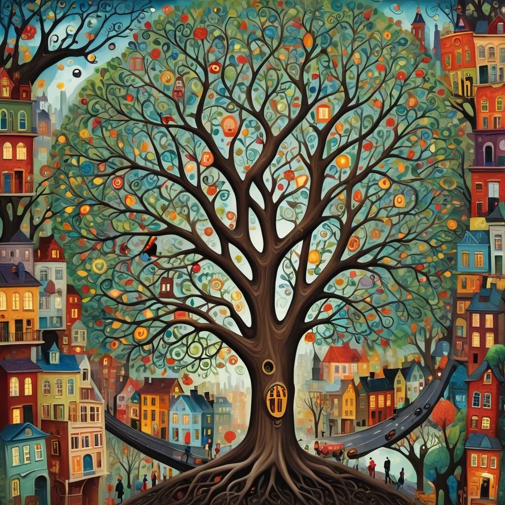 Surreal Tree of Life with Eerie Cityscape