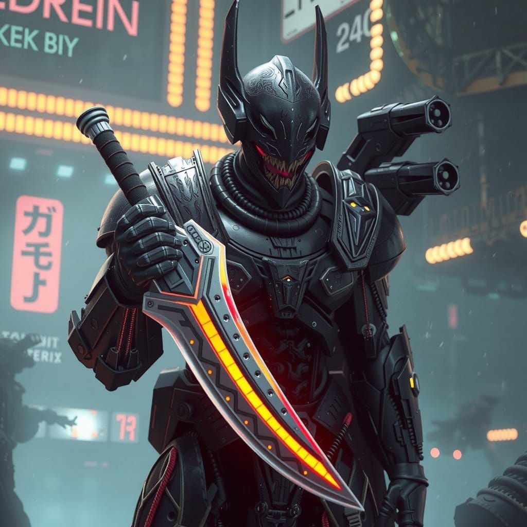 Mechanized Alien Warrior Unleashes Dark Cosmic Arsenal