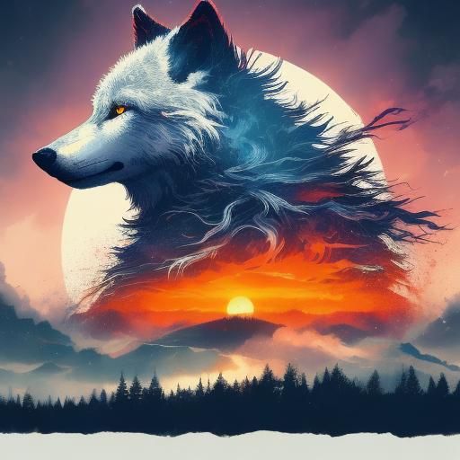 Wolf Howling at Moon in Double Exposure Style