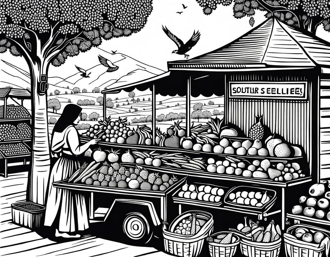 Detailed Line Drawing of Market Woman