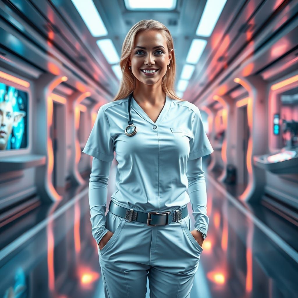 Sleek Nurse in Futuristic Hospital with Star Trek-Inspired S...