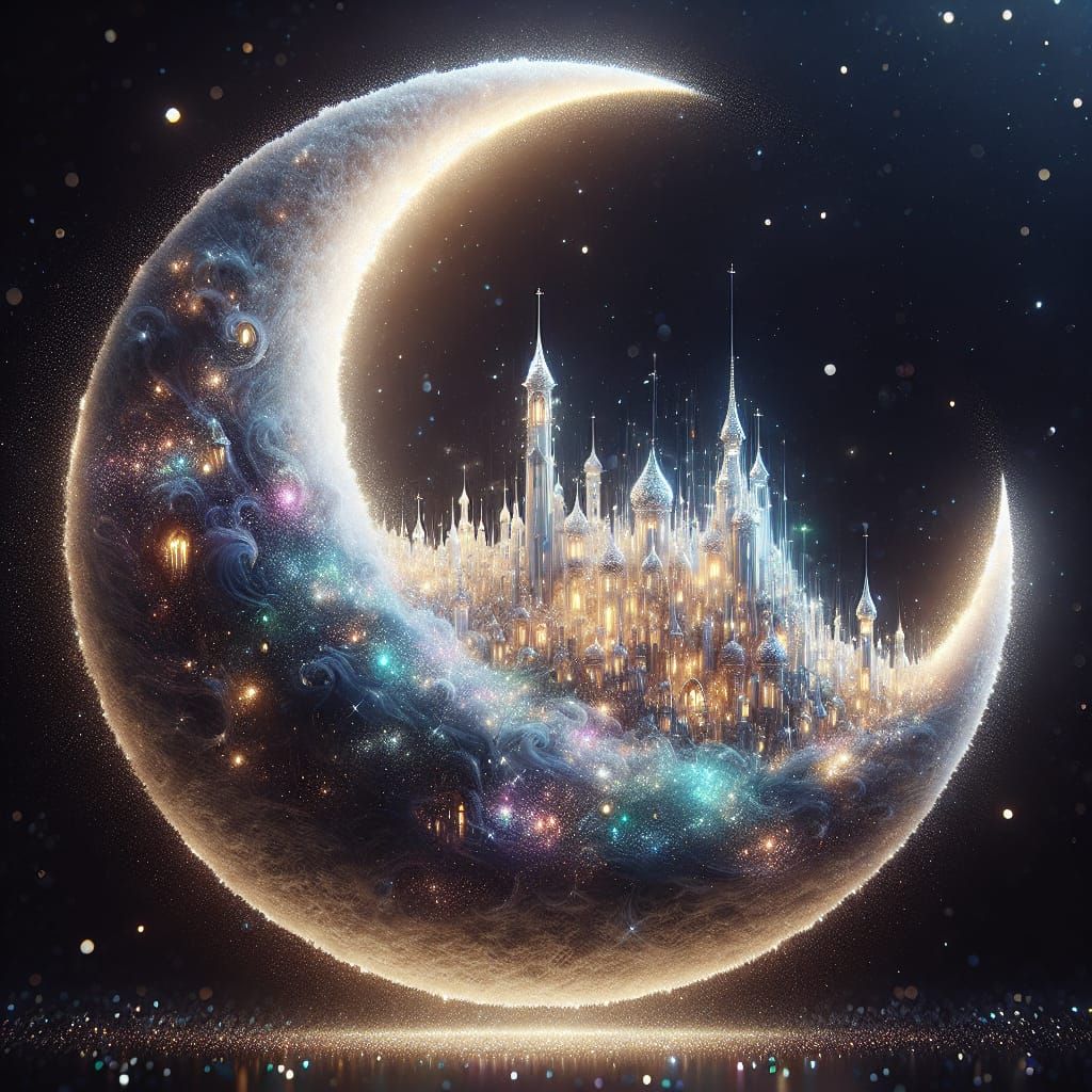 Ethereal Crescent Moon City in Starry Night