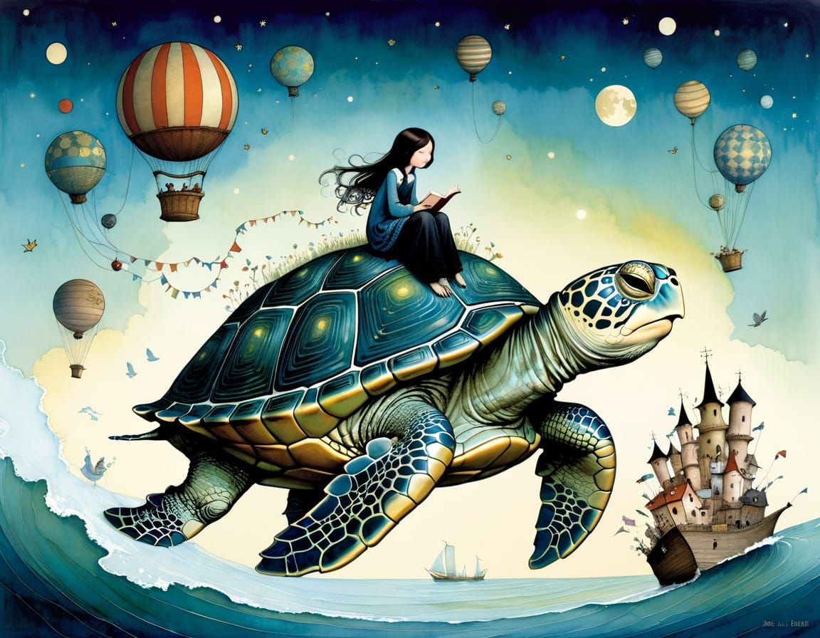 Singing Turtle at Basketball Game in Folk Art Style