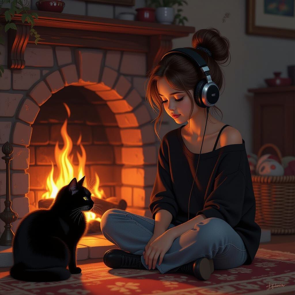Girl with Cat by Fireplace, Dark Fantasy Concept Art