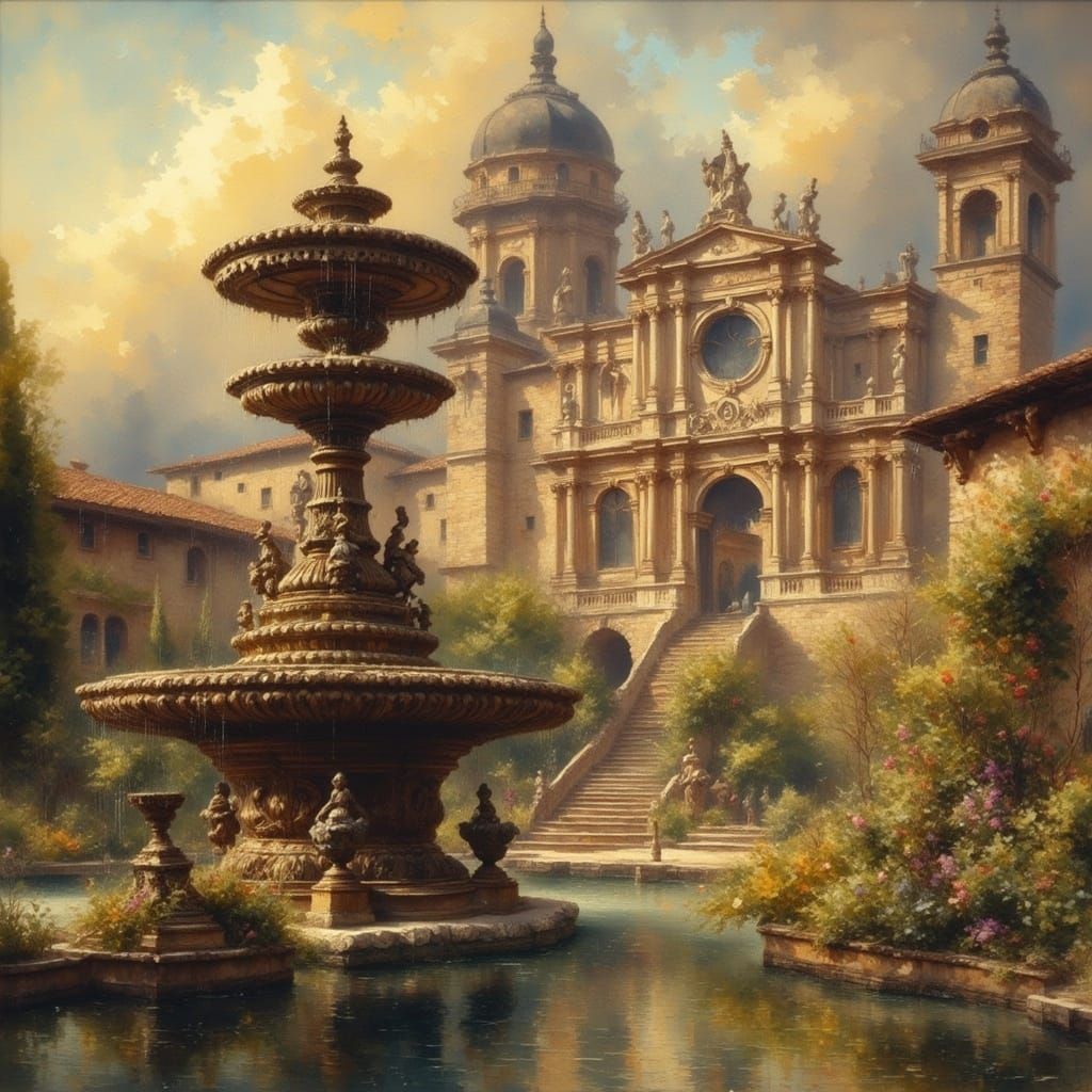 Majestic Fountain in Lush Italian Garden