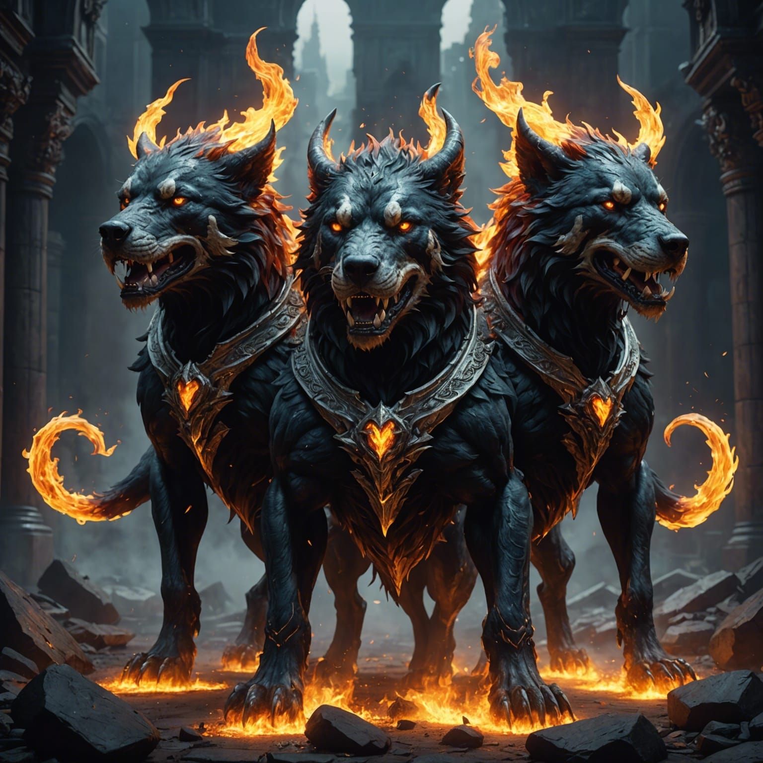 Fiery Three-Headed Cerberus in Detailed Matte Painting