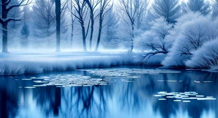 Winter Forest Landscape with Snow and Frozen Pond
