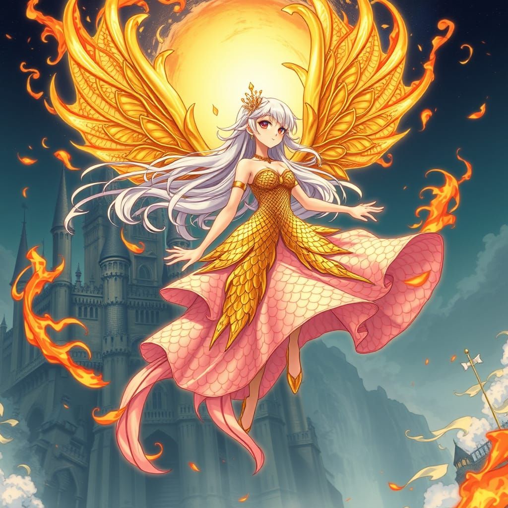 Anime Princess Soars on Golden Wings Amidst Swirling Flames