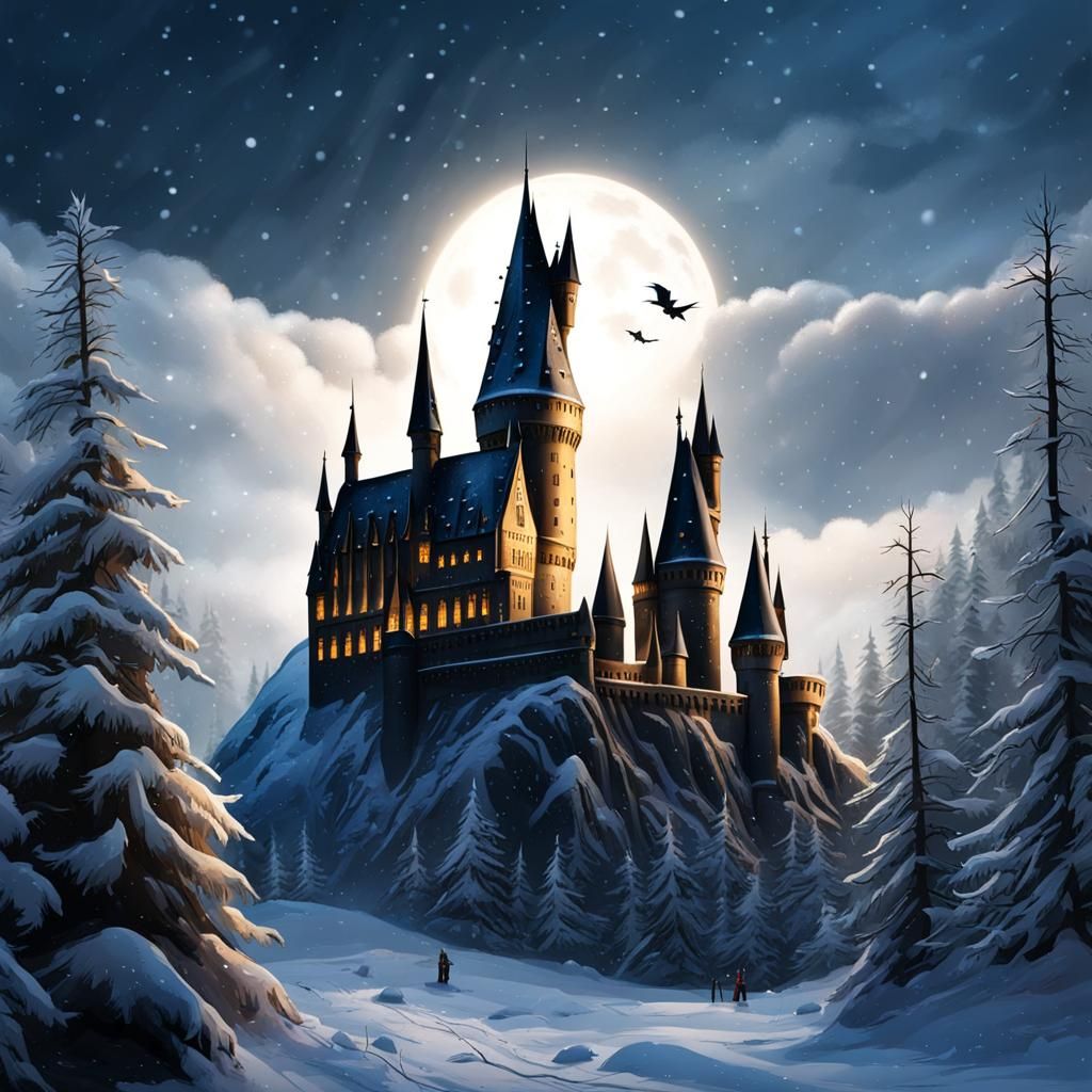 Snowy Hogwarts Castle with Witch in Winter Forest