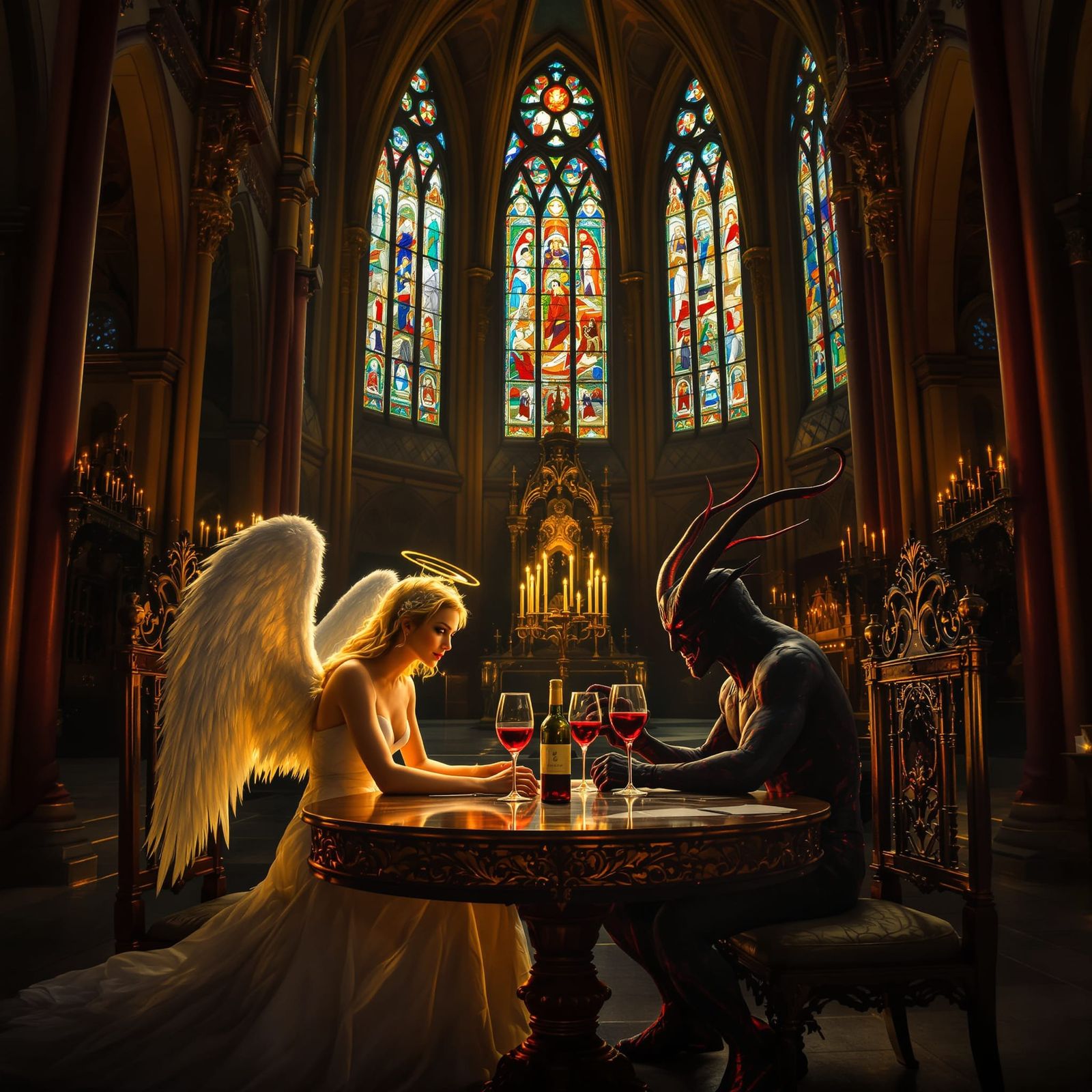 Angel and Demon Toasting in Gothic Cathedral