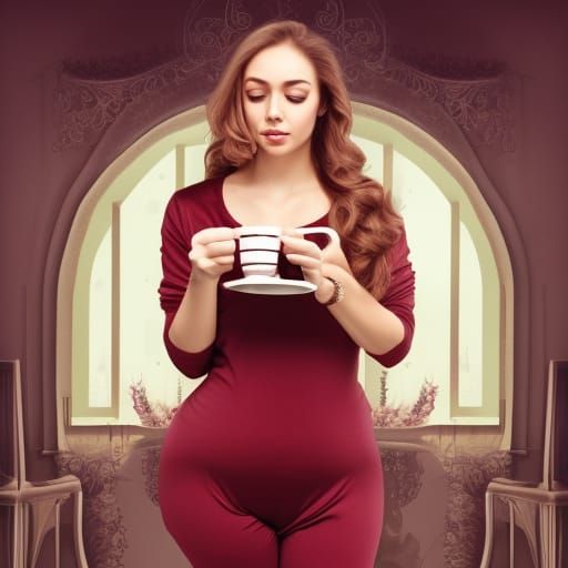 Curvy Woman Drinking Coffee: Fantasy Art