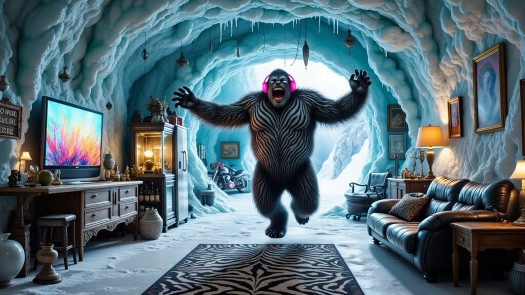 Zebra Yeti Dances in Icy Cave Man-Cave