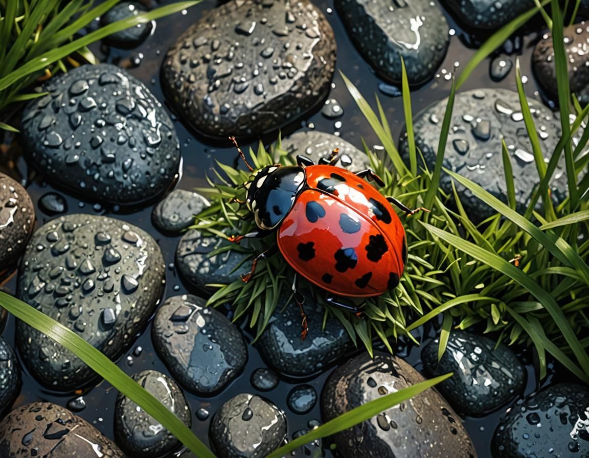 Ladybug on Rain-soaked Rocks: Hyperrealistic Photorealistic ...