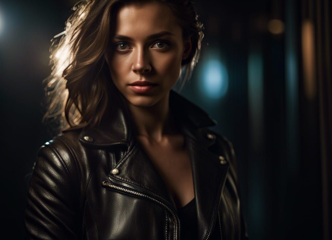 Elegant Woman in Leather Jacket, Detailed 8k Portrait