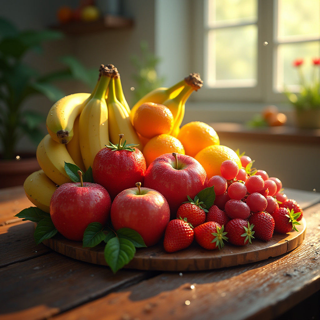 Vibrant Fruit Arrangement on Rustic Table, Matte Painting