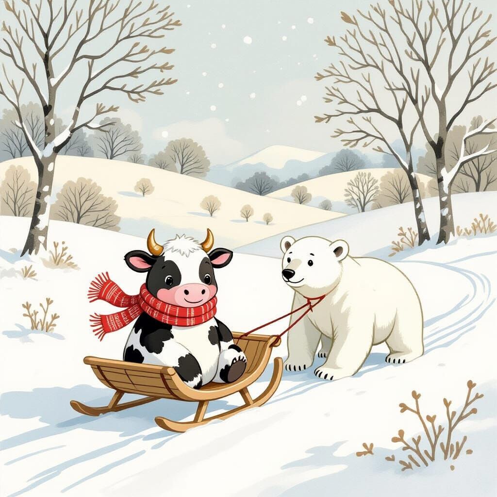 Whimsical Cow Pulled by Polar Bear in Snowy Landscape