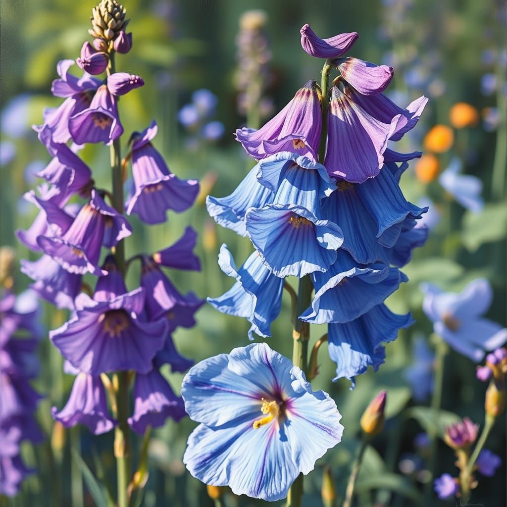 Vibrant Delphinium and Monkshood Flowers in Oil Painting Sty...
