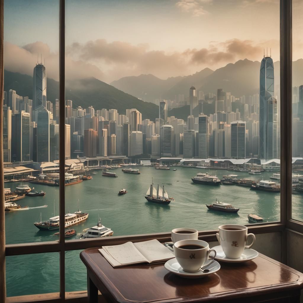 Hong Kong skyline through a misty morning window.